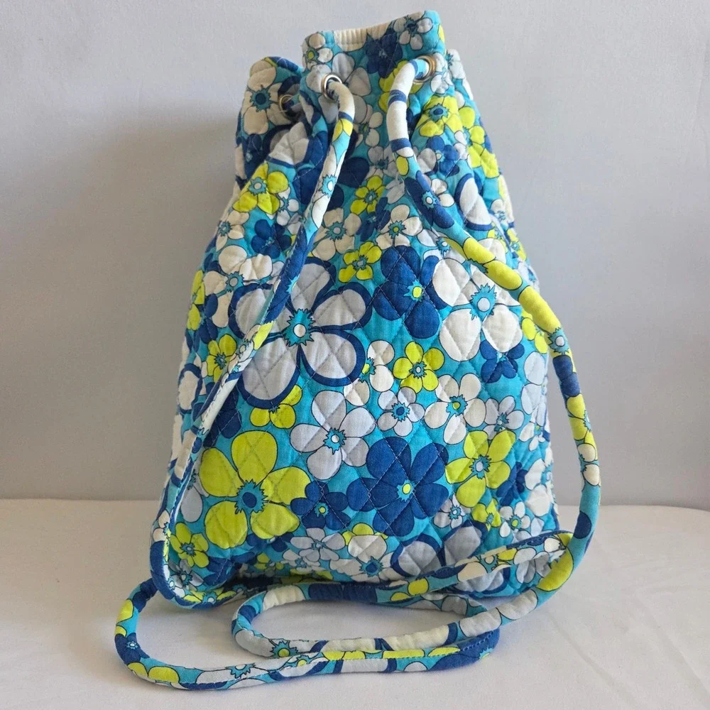 Vera Bradley Milli‎ Floral Quilted Cotton Drawstring Backpack Blue Green White